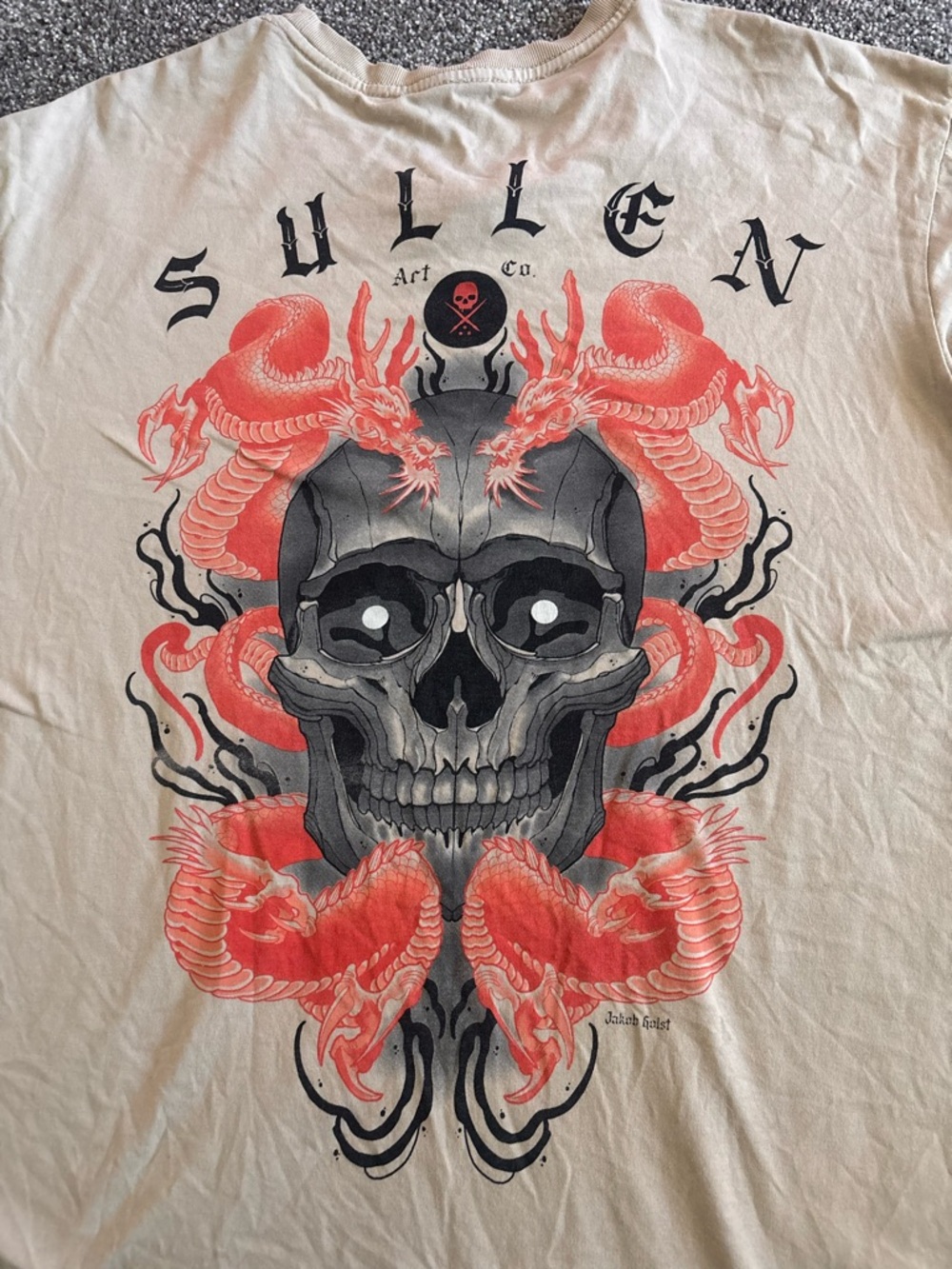 Sullen Art Co. Men's White Graphic Skull & Red Dragon T-Shirt